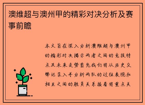 澳维超与澳州甲的精彩对决分析及赛事前瞻